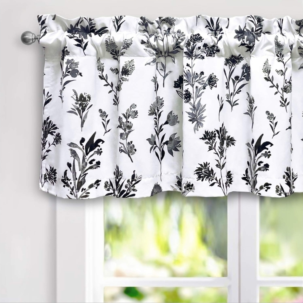 Floral Valance in Black and Gray on White